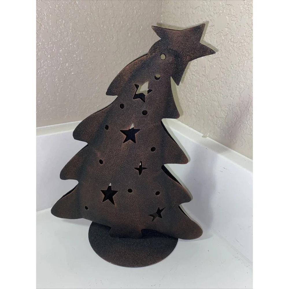 Vintage Rustic Metal Art Tea Light Candle Holder Christmas Tree Stars 9.5” w/Box